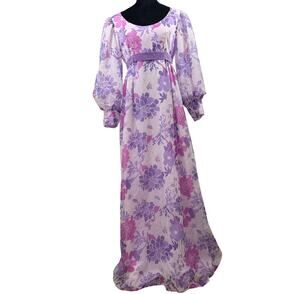 Vintage 60s Purple Floral Prom Bridesmaid Dress Women's S/M Emma Domb